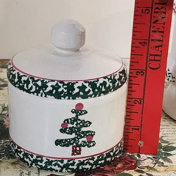 Furio Italy Christmas Tree Lidded Jar Green Red Holiday Crock 4x4 In - Picture 2 of 5